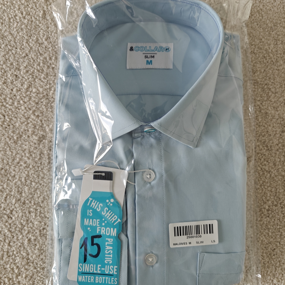 &Collar Light Blue Long Sleeve Stretch Dress Shirt Men's Slim Medium